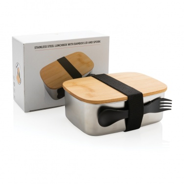 Logotrade advertising products photo of: Stainless steel lunchbox with bamboo lid and spork