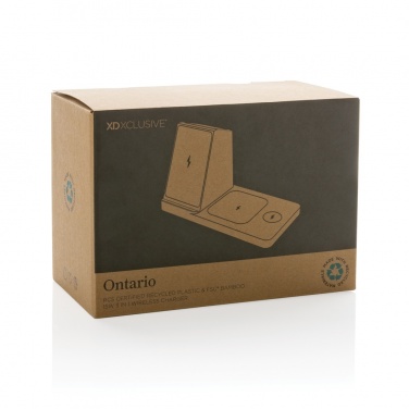 Logo trade corporate gifts image of: Ontario recycled plastic & bamboo 3-in-1 wireless charger