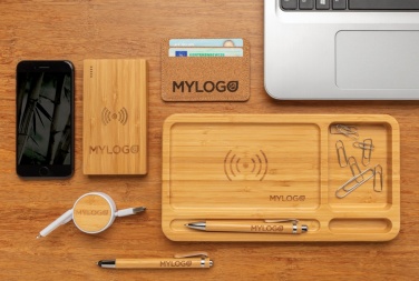 Logo trade promotional giveaways image of: Bamboo 4.000 mAh wireless 5W Powerbank