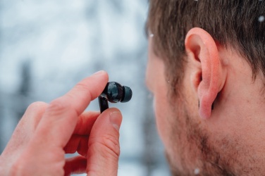 Logotrade corporate gift image of: Skywave RCS recycled plastic solar earbuds
