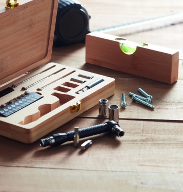 Logo trade business gifts image of: 21 pcs tool set in bamboo case
