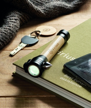 Logo trade promotional giveaway photo of: 3-in-1 bamboo flashlight with an emergency hammer and seatbelt cutter