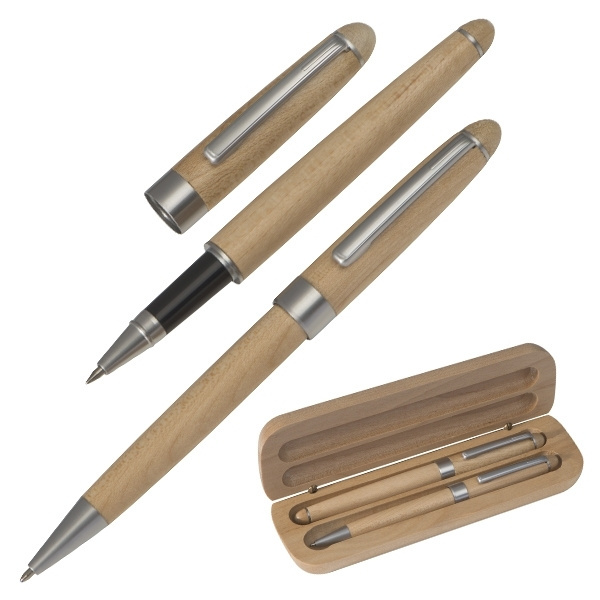 Logo trade promotional items image of: Wooden writing set ballpen and roller INDIANAPOLIS