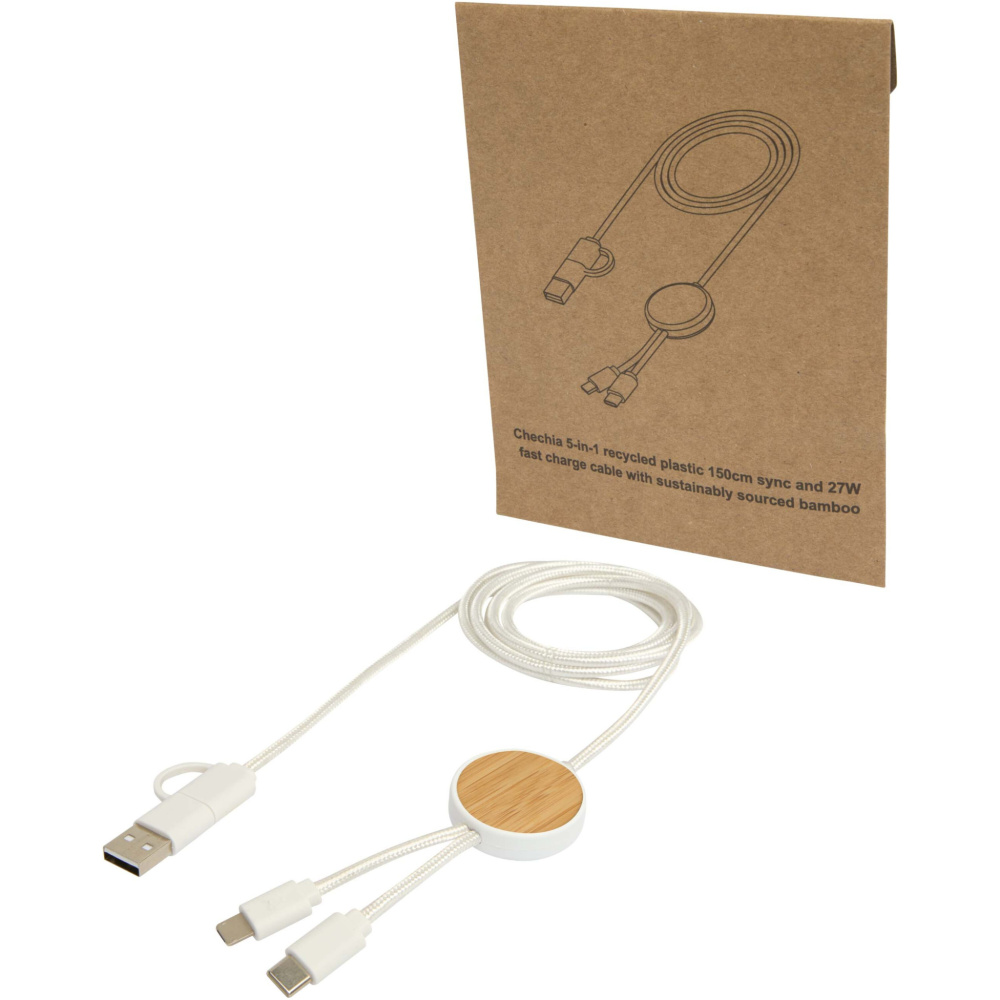 Logotrade corporate gift image of: Chechia 5-in-1 recycled plastic 150 cm data sync and 27W fast charge cable with bamboo details