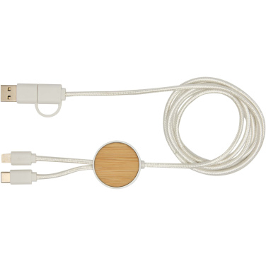 Logotrade promotional giveaway image of: Chechia 5-in-1 recycled plastic 150 cm data sync and 27W fast charge cable with bamboo details