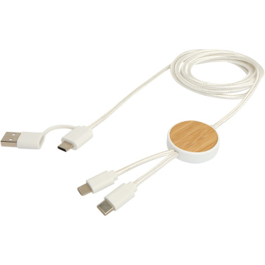 Logotrade promotional product image of: Chechia 5-in-1 recycled plastic 150 cm data sync and 27W fast charge cable with bamboo details