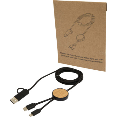 Logotrade corporate gift picture of: Chechia 5-in-1 recycled plastic 150 cm data sync and 27W fast charge cable with bamboo details
