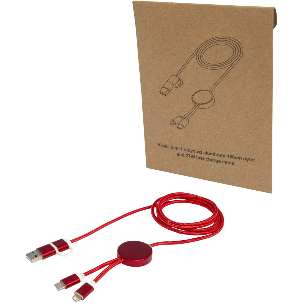 Logotrade promotional gifts photo of: Alasia 5-in-1 recycled aluminium and plastic 150 cm data sync and 27W fast charge cable