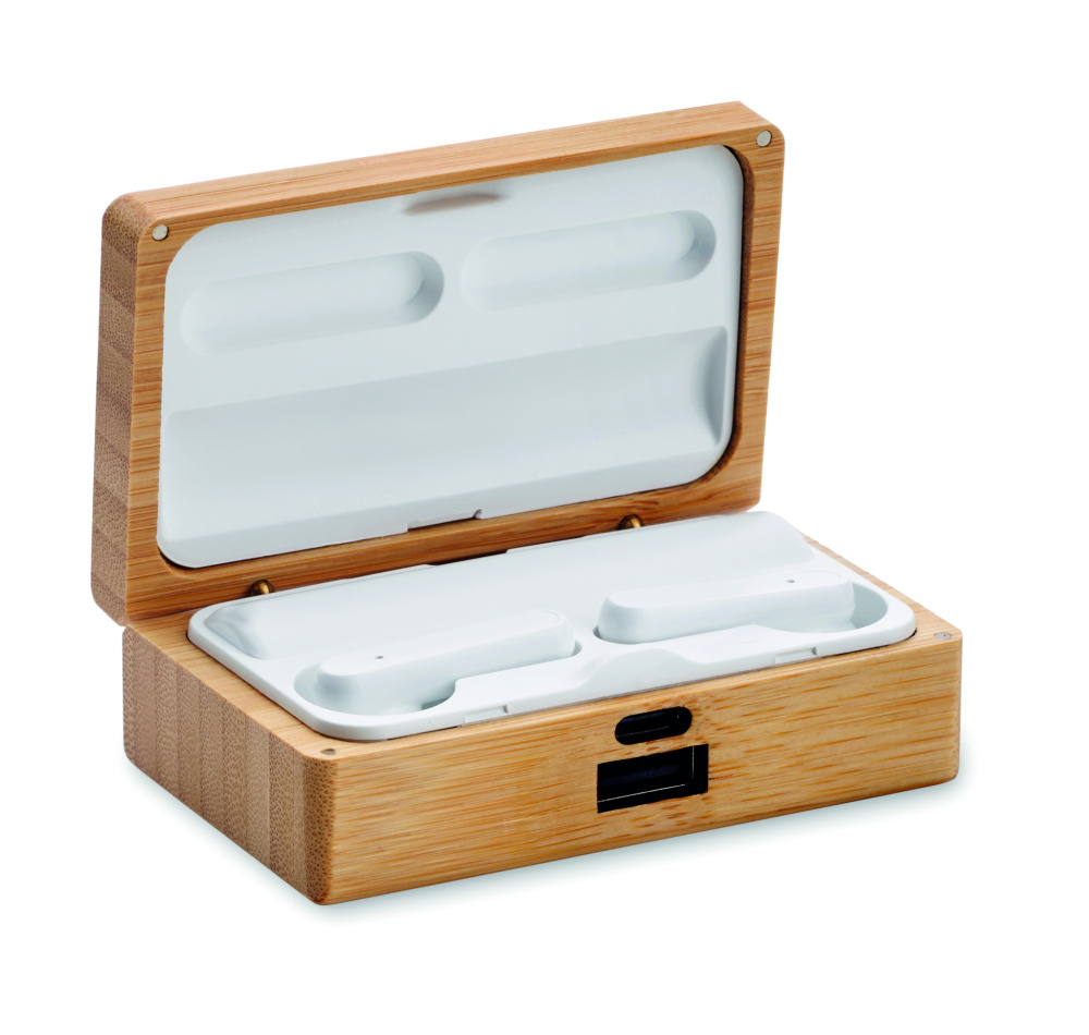 Logotrade promotional giveaway image of: TWS earbuds in bamboo case