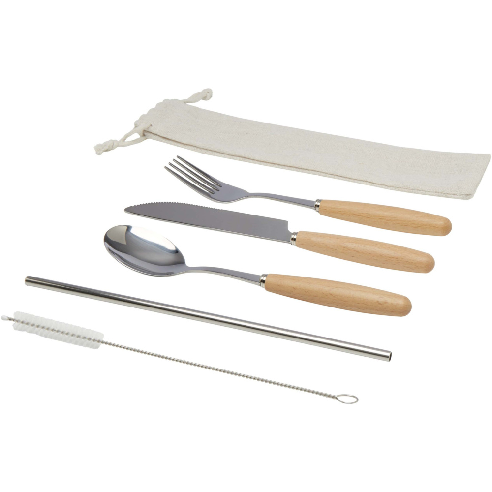Logo trade promotional products image of: Root 5-piece stainless steel and beech wood cutlery set