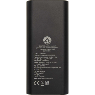 Logo trade promotional giveaways image of: Acamar 20.000 mAh 70W recycled aluminium laptop power bank