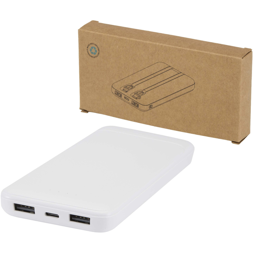 Logo trade promotional product photo of: Adhil 10.000 mAh 10W recycled plastic power bank with 2 built-in cables