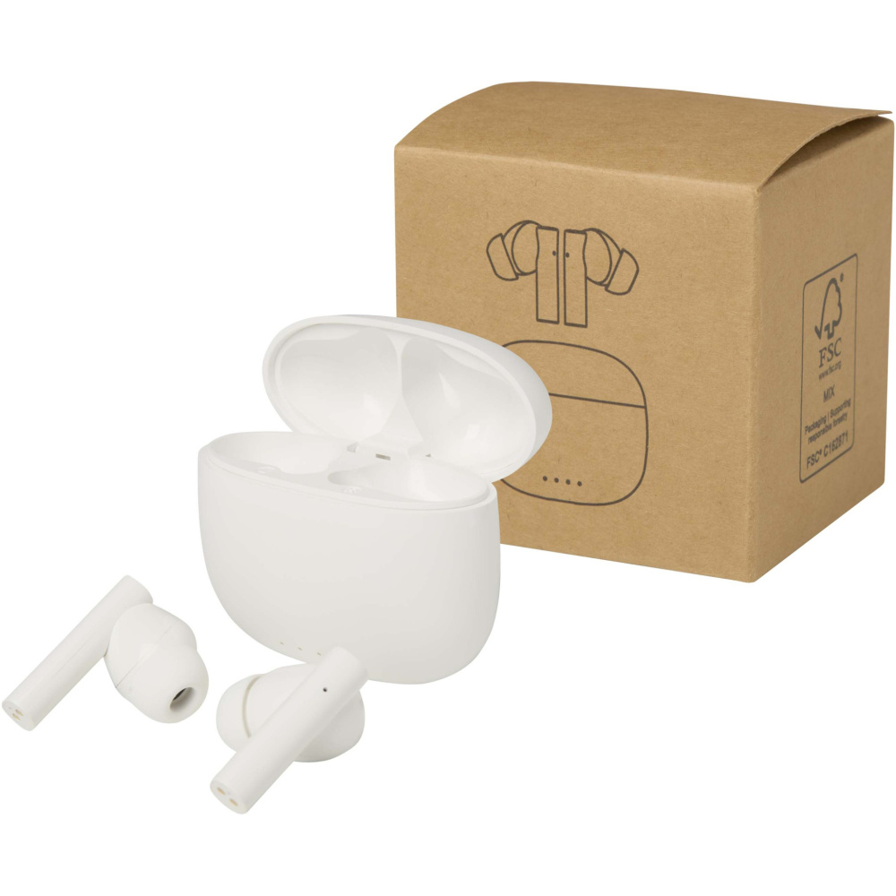 Logotrade reklaminės dovanos nuotrauka: „Alterf“ perdirbto plastiko „True Wireless Bluetooth®“ ausinės su silikoniniais ausų antgaliais