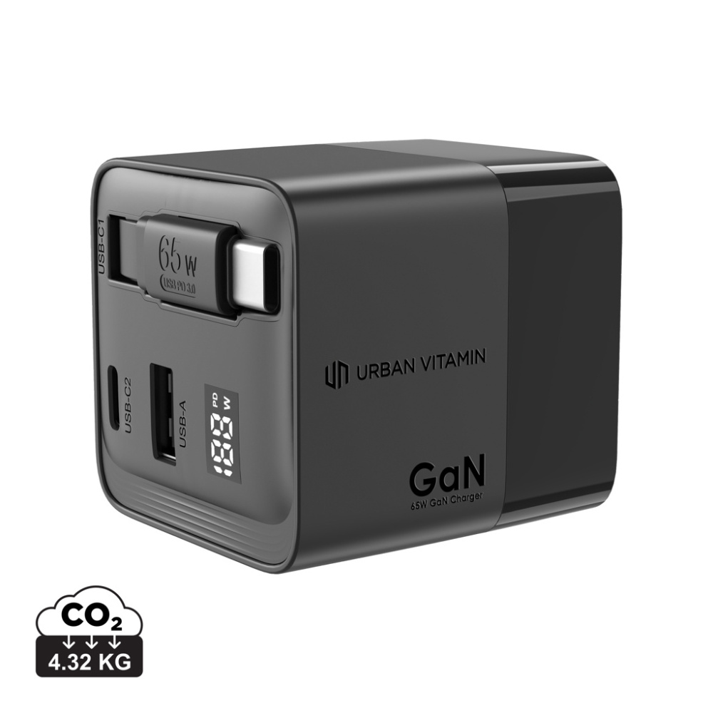 Logotrade presentreklam bild: Urban Vitamin Mendocino 65W GaN-laddare med utdragbar kabel